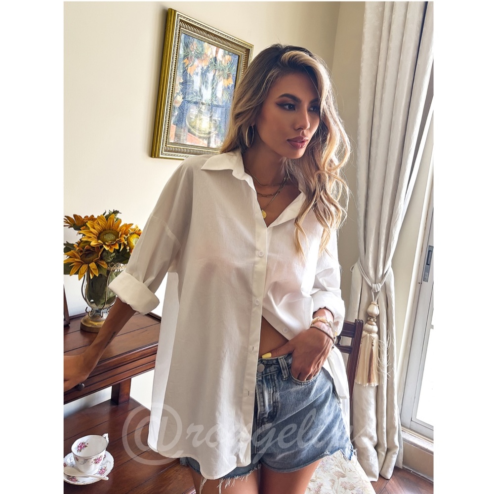 White Open Back Drop Shoulder Button Down Shirt - Picture 2 of 8